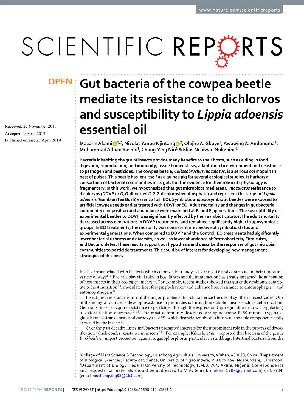 Gut Bacteria of the Cowpea Beetle Mediate Its Resistance to Dichlorvos