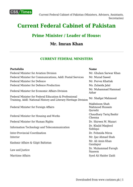 Current Federal Cabinet of Pakistan (Ministers, Advisers, Assistants, Secretaries) Current Federal Cabinet of Pakistan