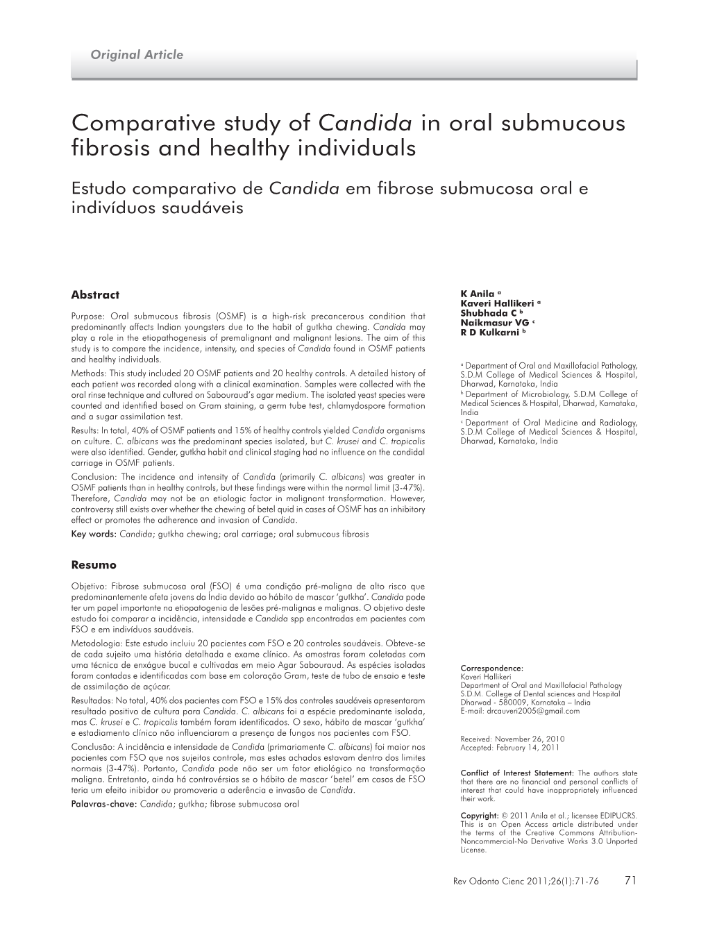 Comparative Study of Candida in Oral Submucous Fibrosis and Healthy Individuals