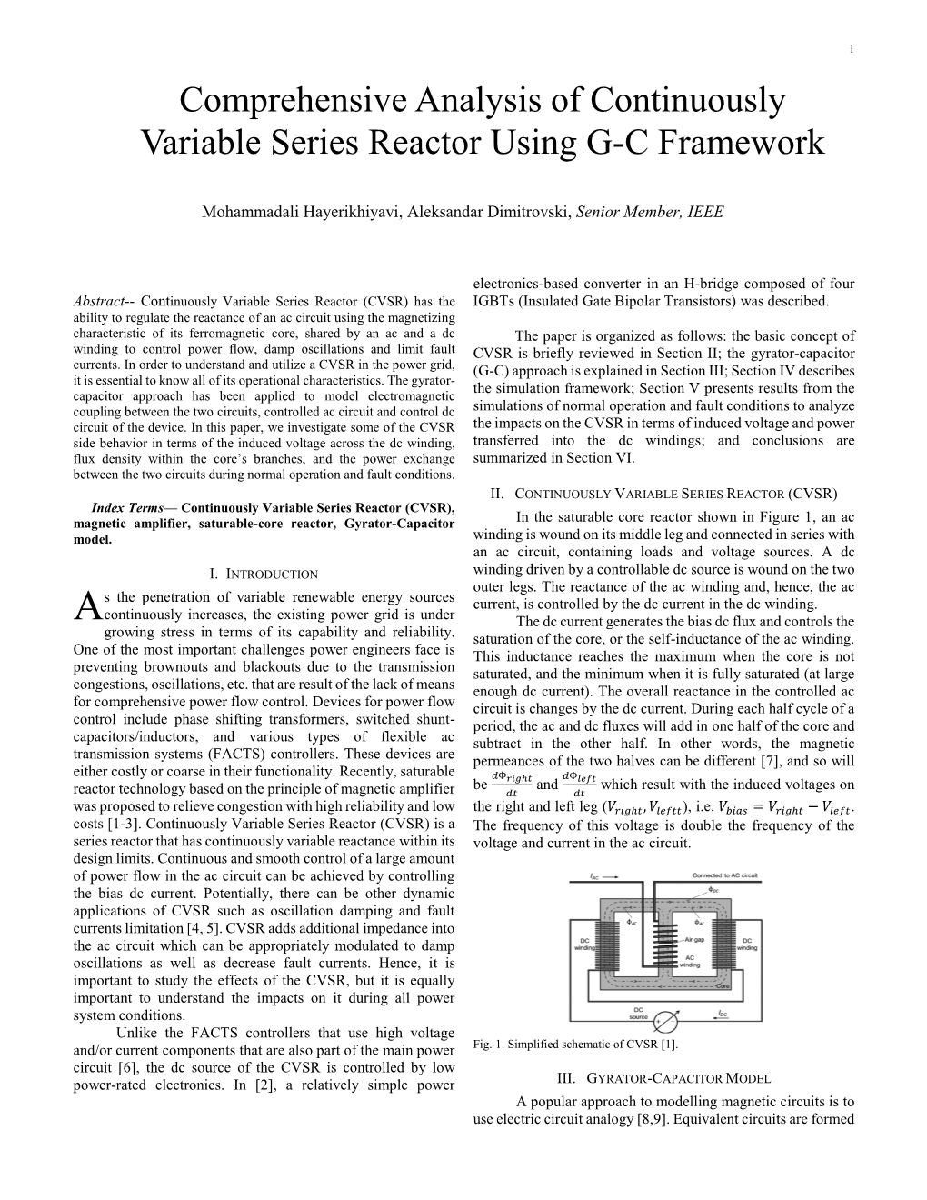 Comprehensive Analysis of Continuously Variable Series Reactor Using G-C Framework