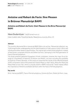 Antoine Und Robert De Fevin: Ihre Messen in Brünner Manuskript BAM1