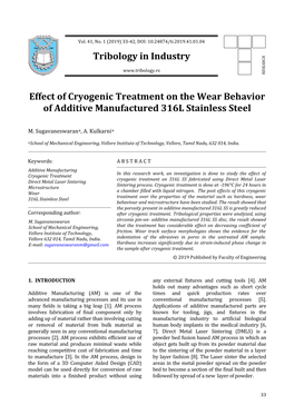 Tribology in Industry Effect of Cryogenic Treatment on the Wear
