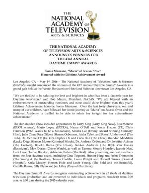 THE NATIONAL ACADEMY of TELEVISION ARTS & SCIENCES ANNOUNCES WINNERS for the 43Rd ANNUAL DAYTIME EMMY® AWARDS