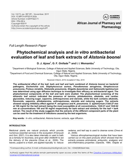 Phytochemical Analysis and in Vitro Antibacterial Evaluation of Leaf and Bark Extracts of Alstonia Boonei