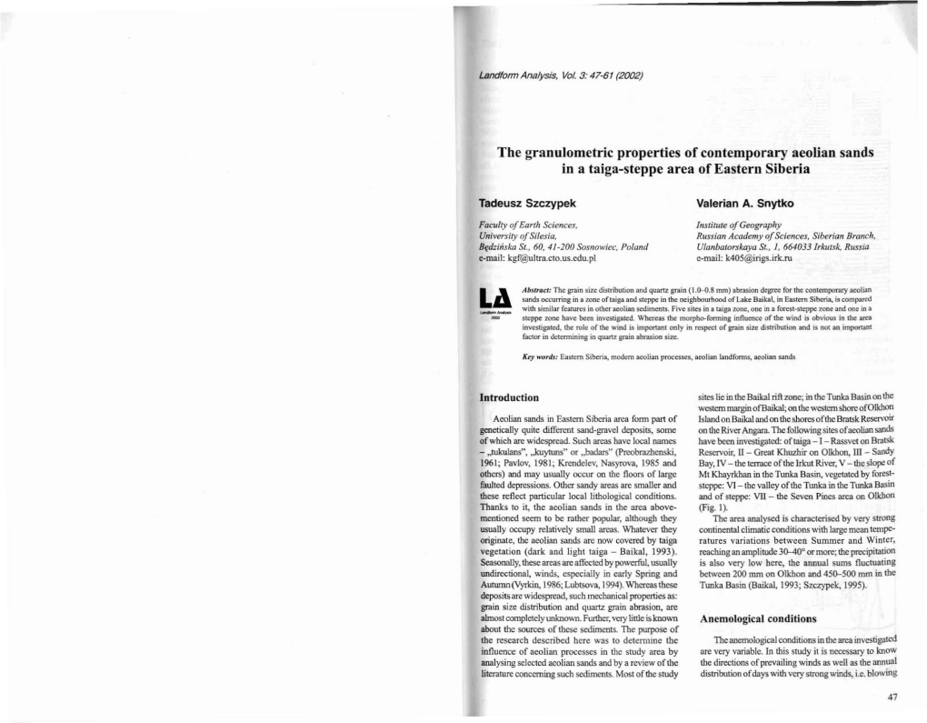 The Granulometric Properties of Contemporary Aeolian Sands in a Taiga-Steppe Area of Eastern Siberia