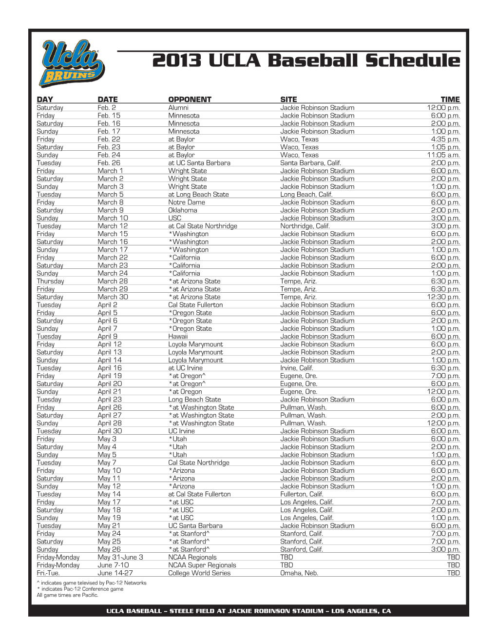 2013 BSB Schedule.Indd