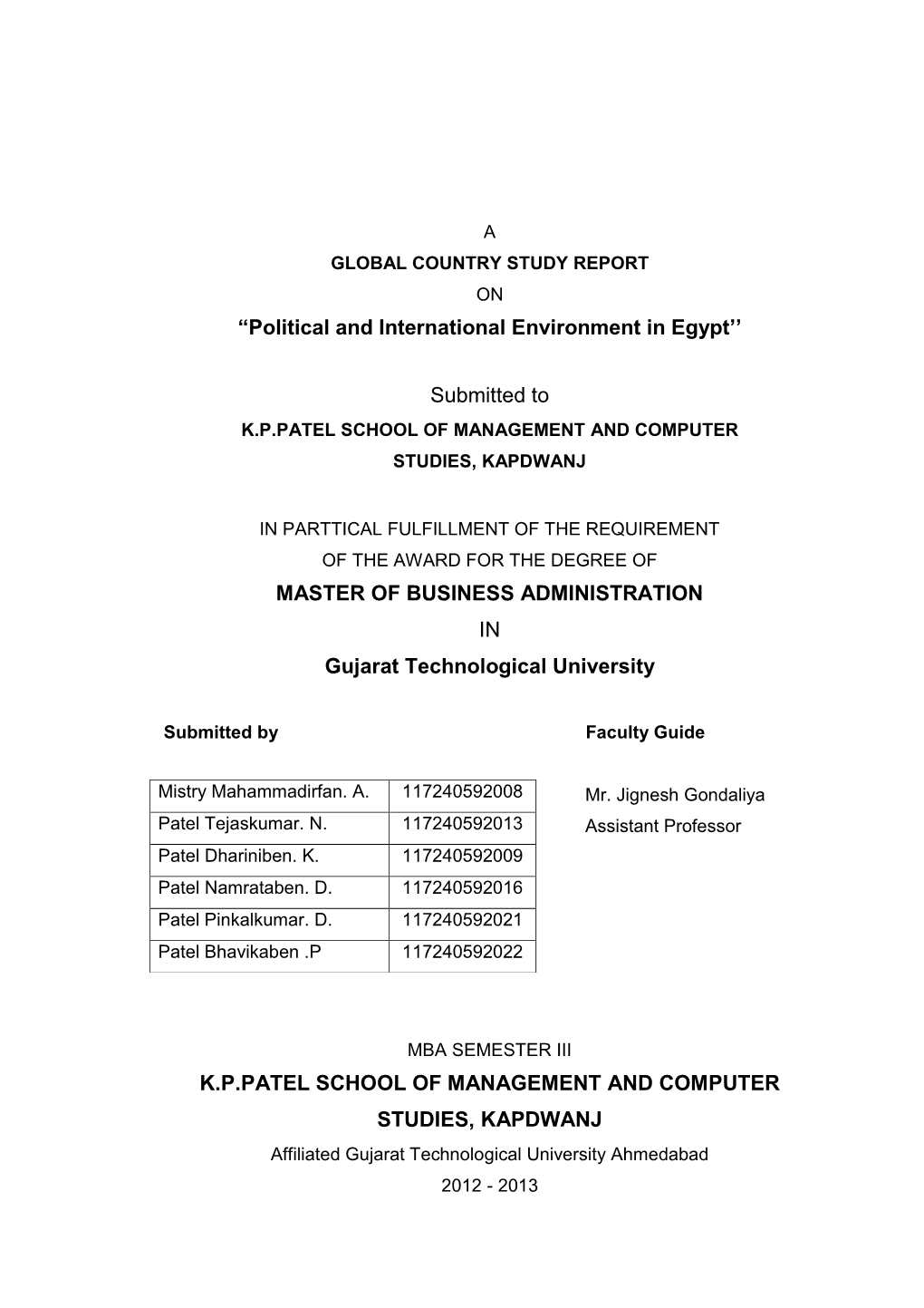 “Political and International Environment in Egypt'' Submitted To