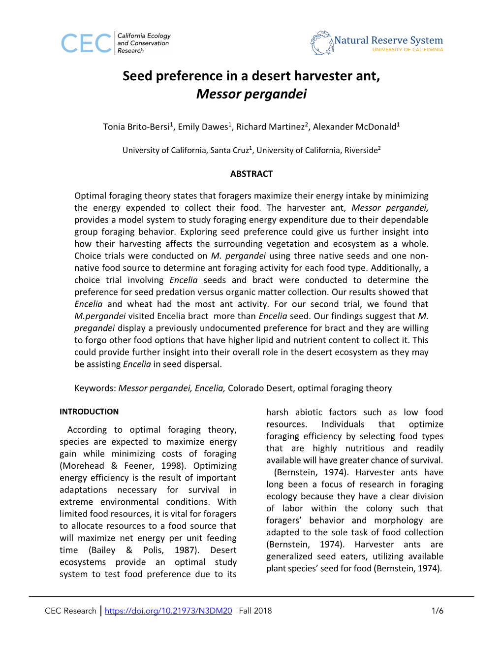 Seed Preference in a Desert Harvester Ant, Messor Pergandei