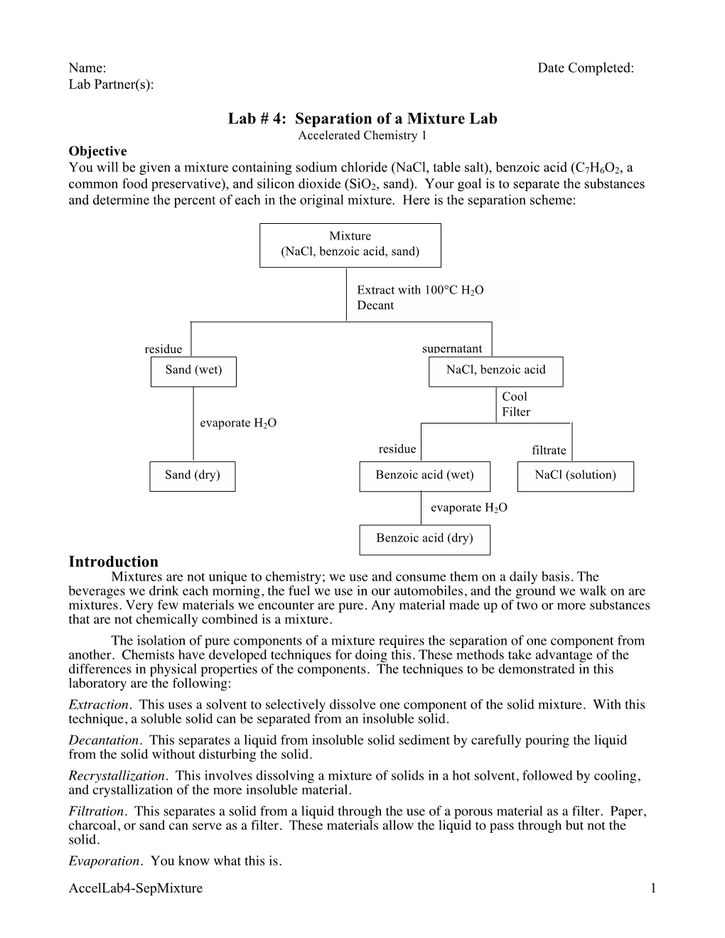 Lab # 4: Separation of a Mixture