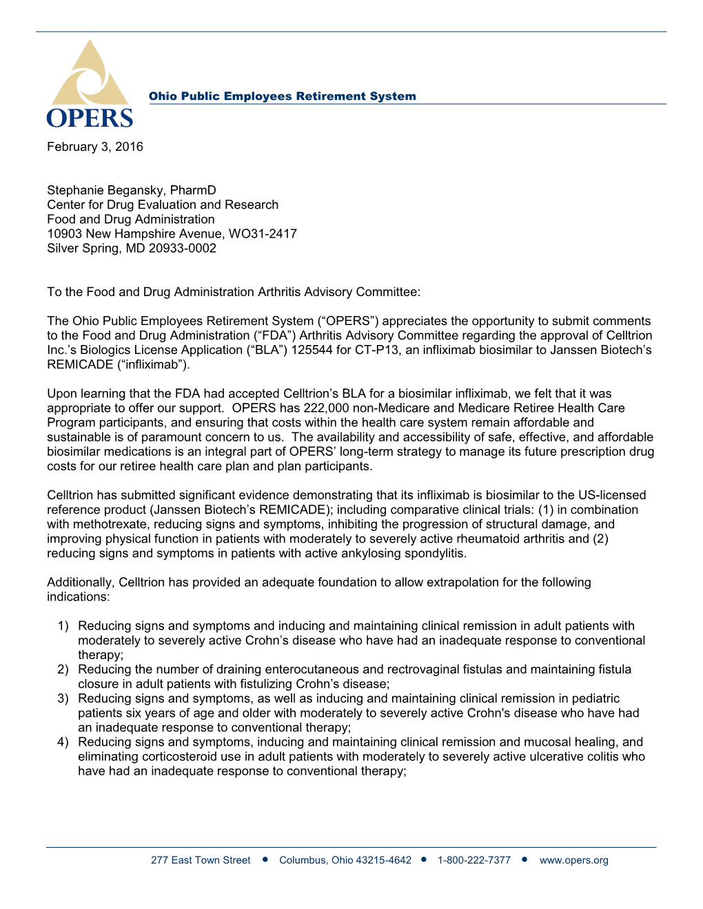 OPERS Letter in Support of Celltrion's Biologics License Application for A