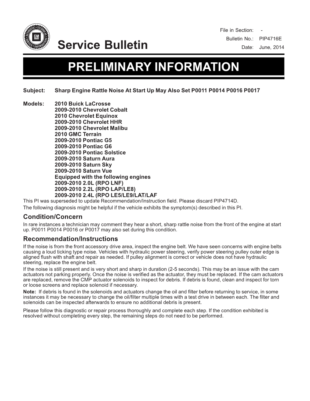 Service Bulletin PRELIMINARY INFORMATION