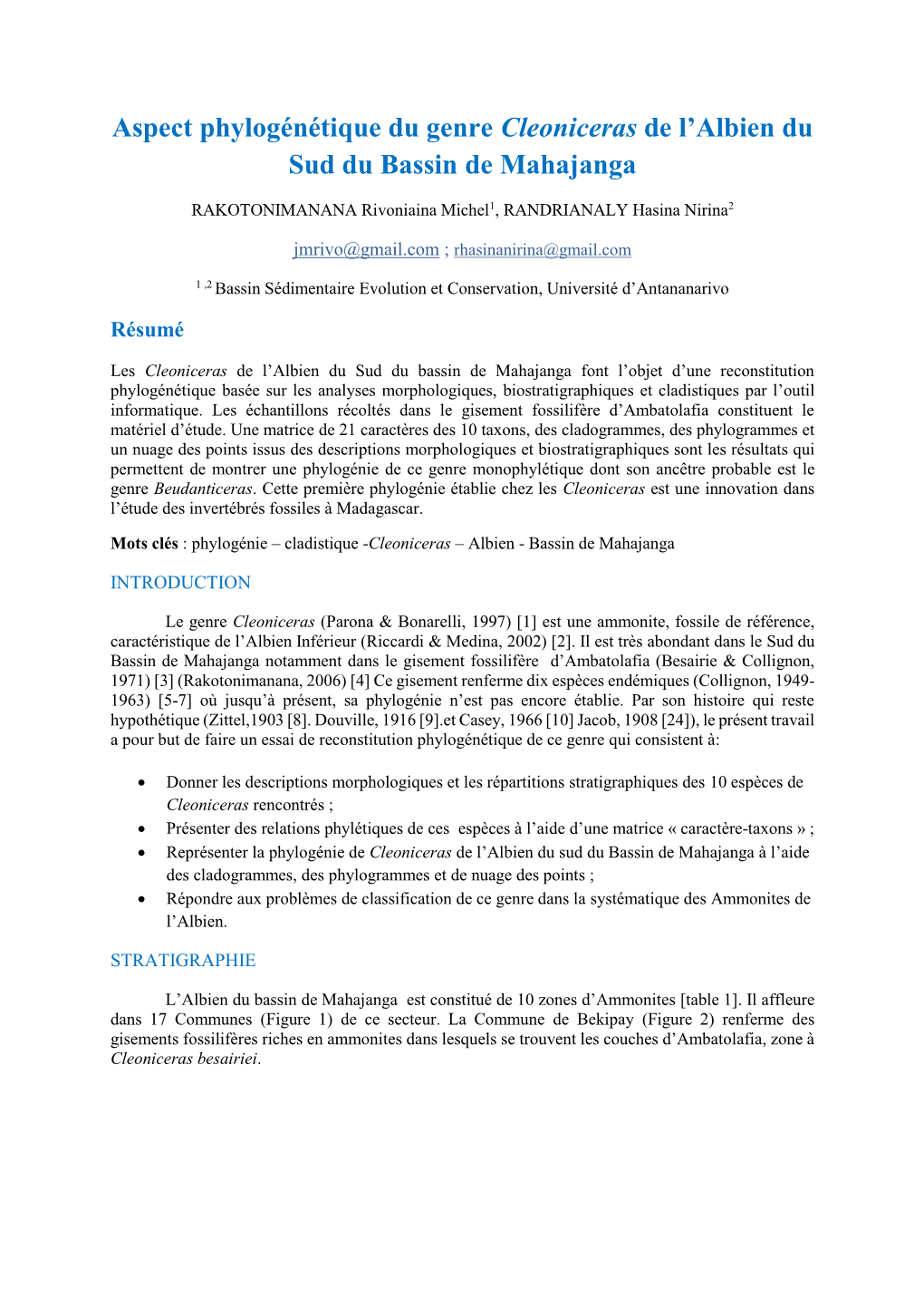 Aspect Phylogénétique Du Genre Cleoniceras De L'albien Du Sud Du Bassin De Mahajanga