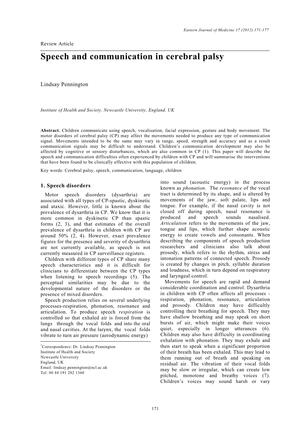 Speech and Communication in Cerebral Palsy