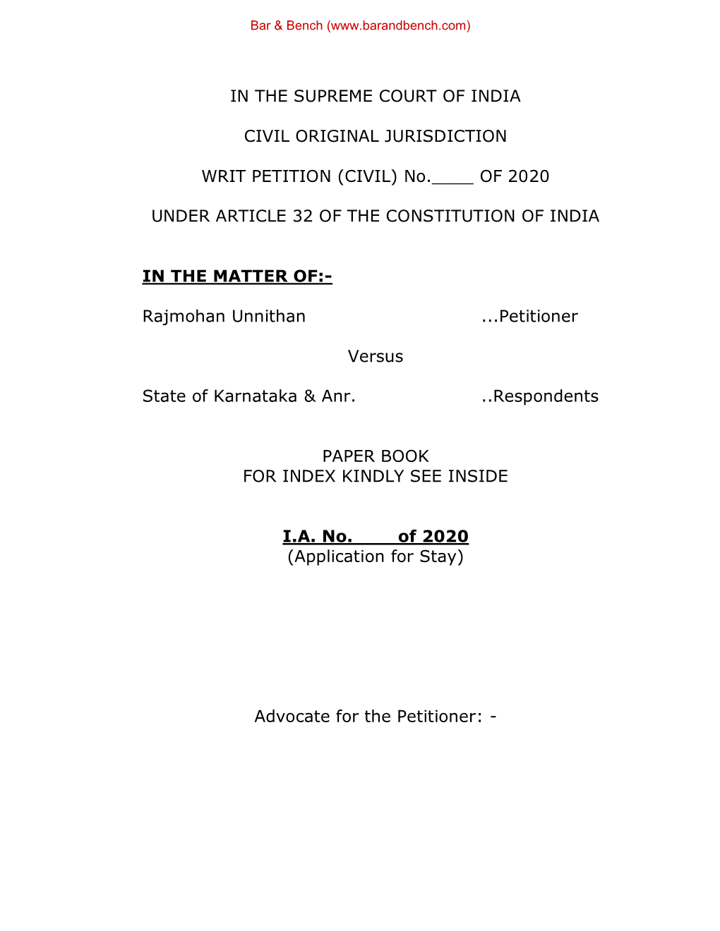 (CIVIL) No.___OF 2020 UNDER ARTICLE 32 of the CONSTITU