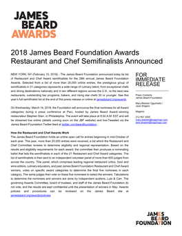 2018 James Beard Foundation Awards Restaurant and Chef Semifinalists Announced