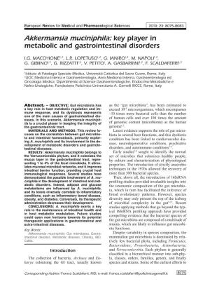 Akkermansia Muciniphila: Key Player in Metabolic and Gastrointestinal Disorders