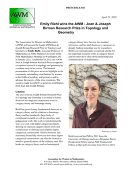 Emily Riehl Wins the AWM - Joan & Joseph Birman Research Prize in Topology and Geometry