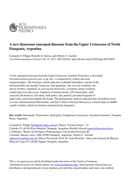 A New Titanosaur Sauropod Dinosaur from the Upper Cretaceous of North Patagonia, Argentina