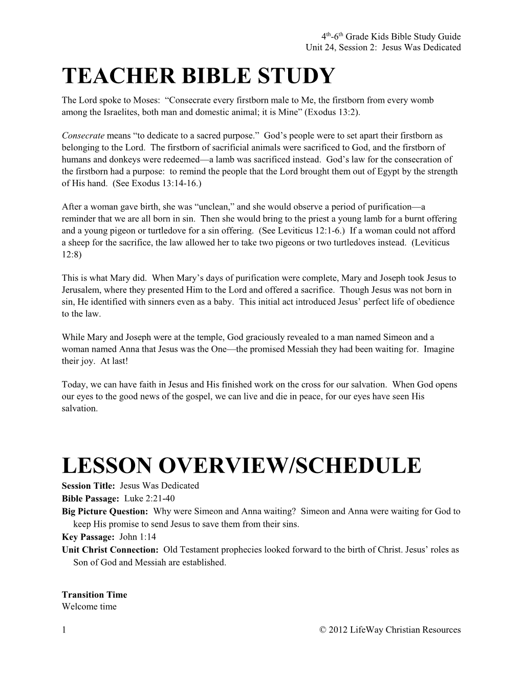 Teacher Bible Study Lesson Overview/Schedule