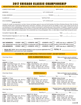 2017 Chicago Classic Championship Registration Form (Medical/Treatment Release Form Must Be Filled out on Back) 