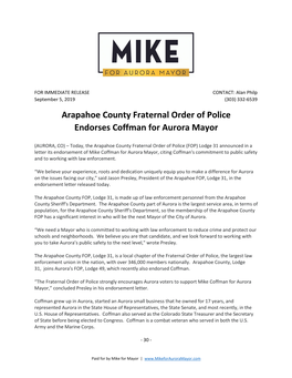 Arapahoe County Fraternal Order of Police Endorses Coffman for Aurora Mayor