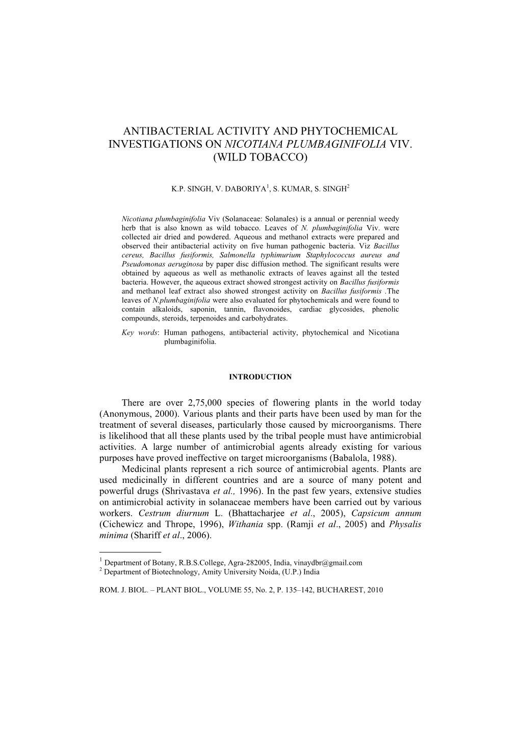 Antibacterial Activity and Phytochemical Investigations on Nicotiana Plumbaginifolia Viv