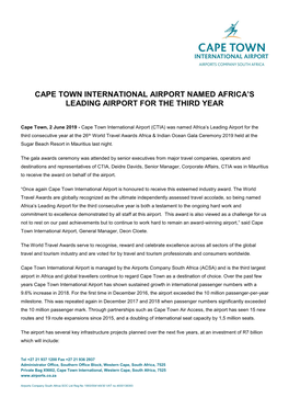 Cape Town International Airport Named Africa's Leading Airport for the Third
