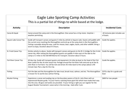 Eagle Lake Sporting Camp Activities This Is a Partial List of Things to While Based at the Lodge