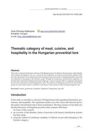 Thematic Category of Meal, Cuisine, and Hospitality in the Hungarian Proverbial Lore