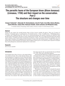 The Parasitic Fauna of the European Bison (Bison Bonasus) (Linnaeus, 1758) and Their Impact on the Conservation