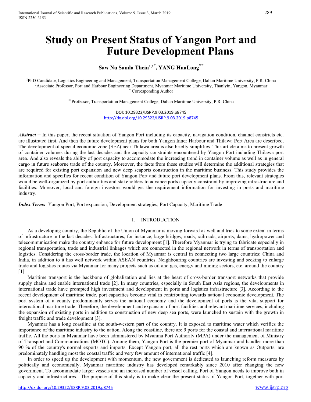 Study on Present Status of Yangon Port and Future Development Plans
