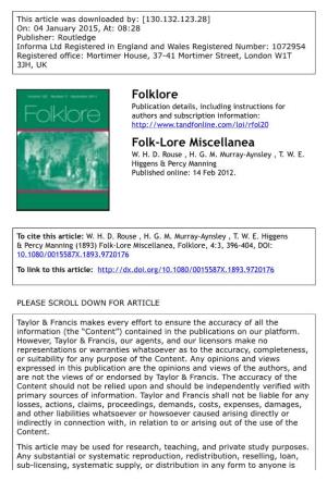 Folklore Folk-Lore Miscellanea