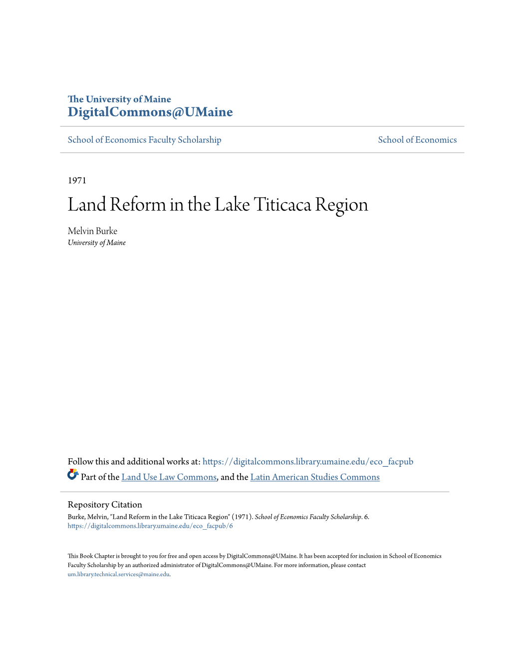 Land Reform in the Lake Titicaca Region Melvin Burke University of Maine