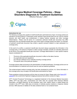 Cigna Medical Coverage Policies – Sleep Disorders Diagnosis & Treatment Guidelines