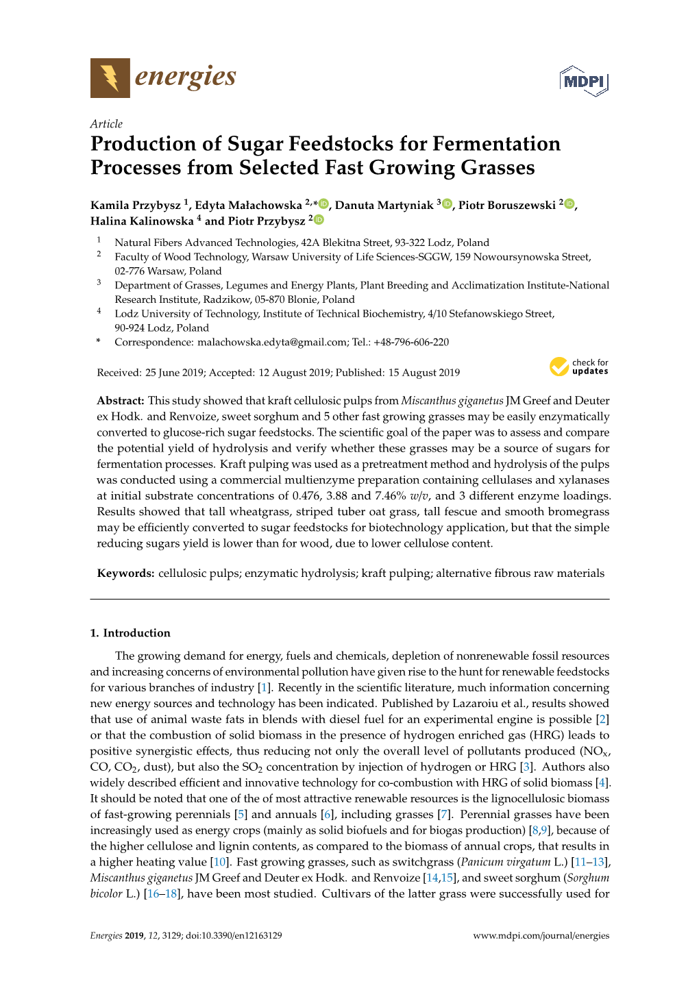 Production of Sugar Feedstocks for Fermentation Processes from Selected Fast Growing Grasses