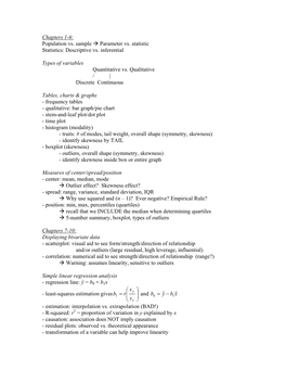 Chapters 1-6: Population Vs. Sample → Parameter Vs. Statistic Statistics