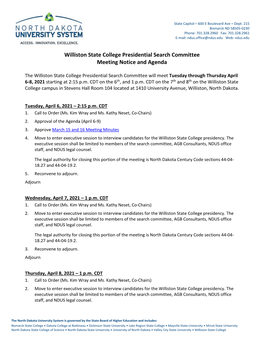 Williston State College Presidential Search Committee Meeting Notice and Agenda