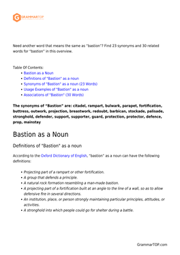 Bastion”? Find 23 Synonyms and 30 Related Words for “Bastion” in This Overview
