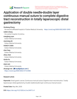 Application of Double Needle-Double Layer Continuous Manual Suture to Complete Digestive Tract Reconstruction in Totally Laparoscopic Distal Gastrectomy