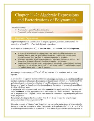 Chapter 11-2: Algebraic Expressions and Factorizations of Polynomials