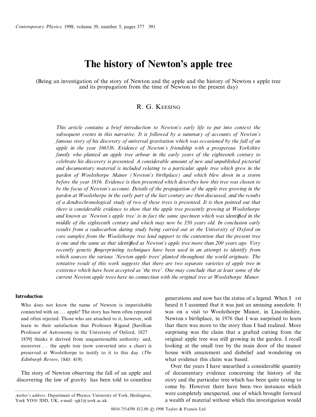 The History of Newton' S Apple Tree