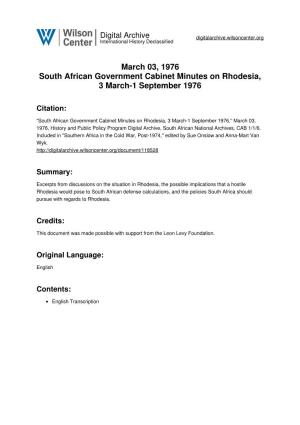 March 03, 1976 South African Government Cabinet Minutes on Rhodesia, 3 March-1 September 1976