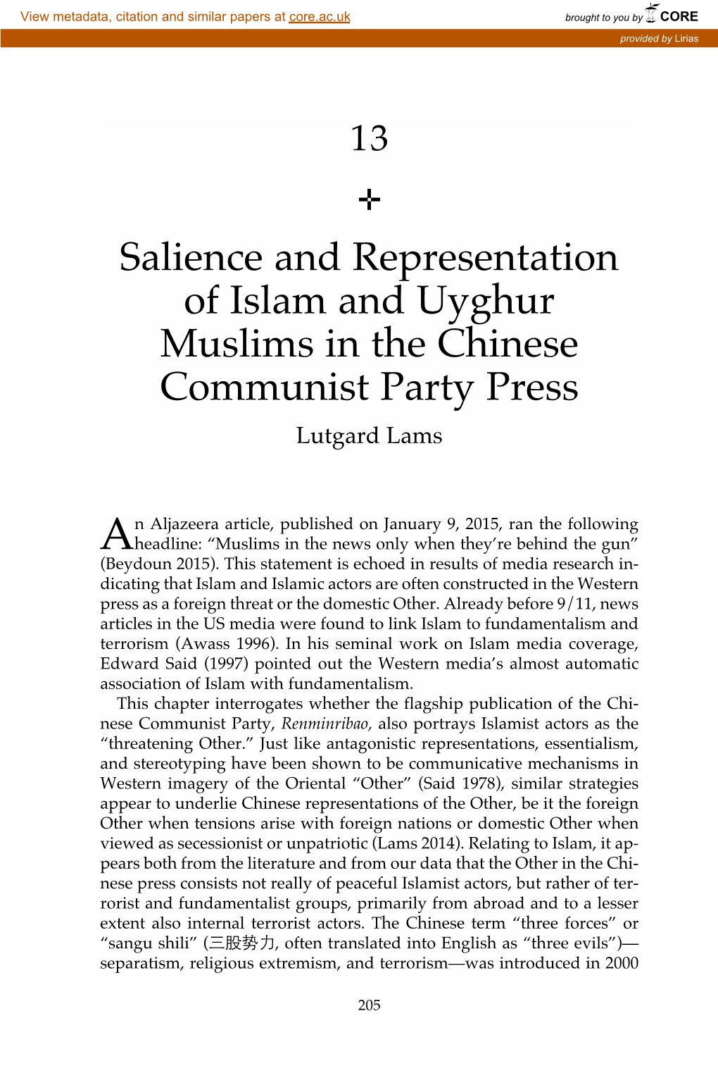 Salience and Representation of Islam and Uyghur Muslims in the Chinese Communist Party Press Lutgard Lams