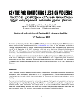 Northern Provincial Council Election 2013 – Communiqué No 1 13Th