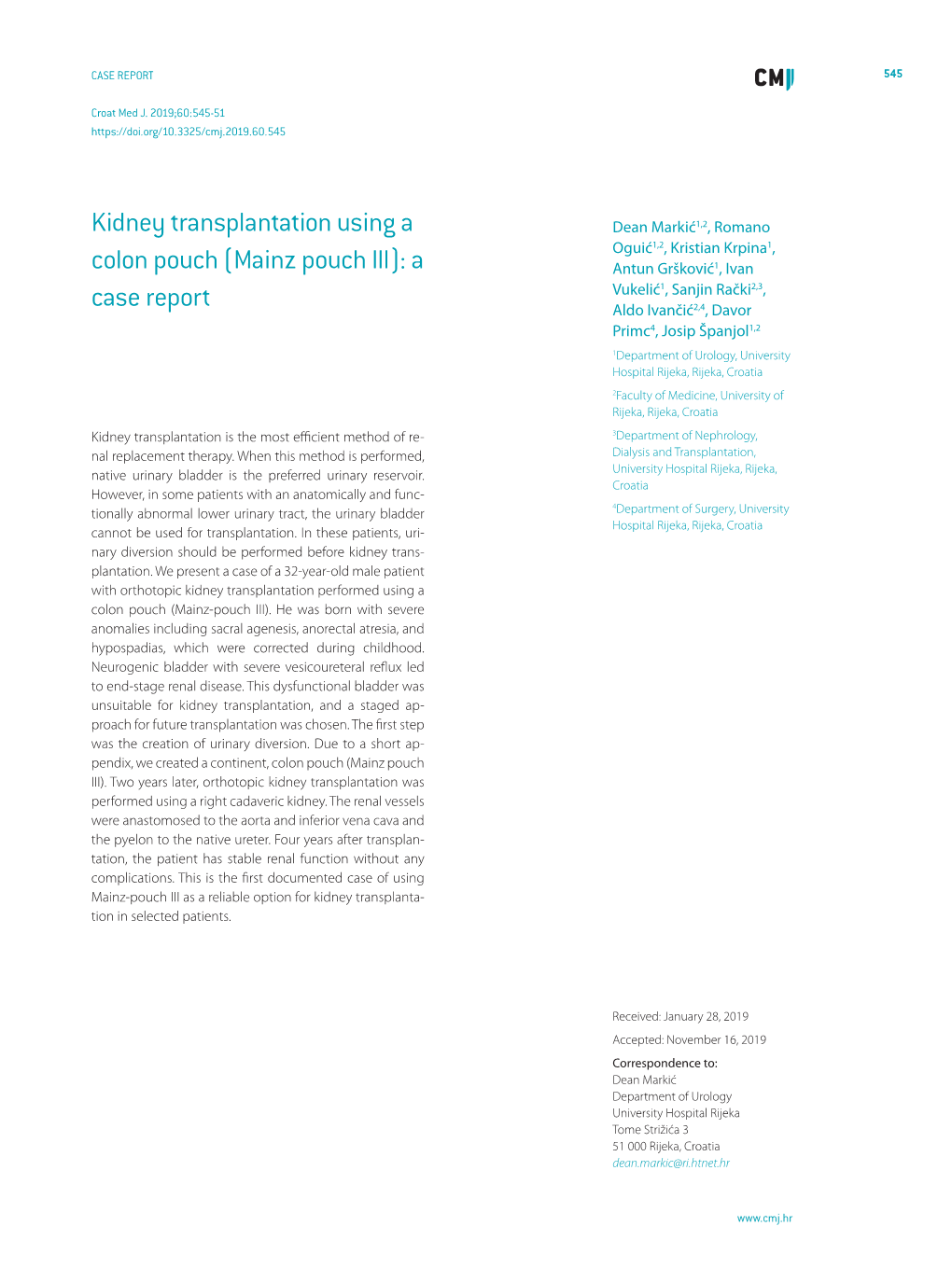 Kidney Transplantation Using a Colon Pouch
