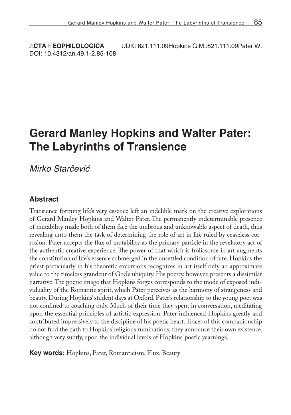 Gerard Manley Hopkins and Walter Pater: the Labyrinths of Transience 85