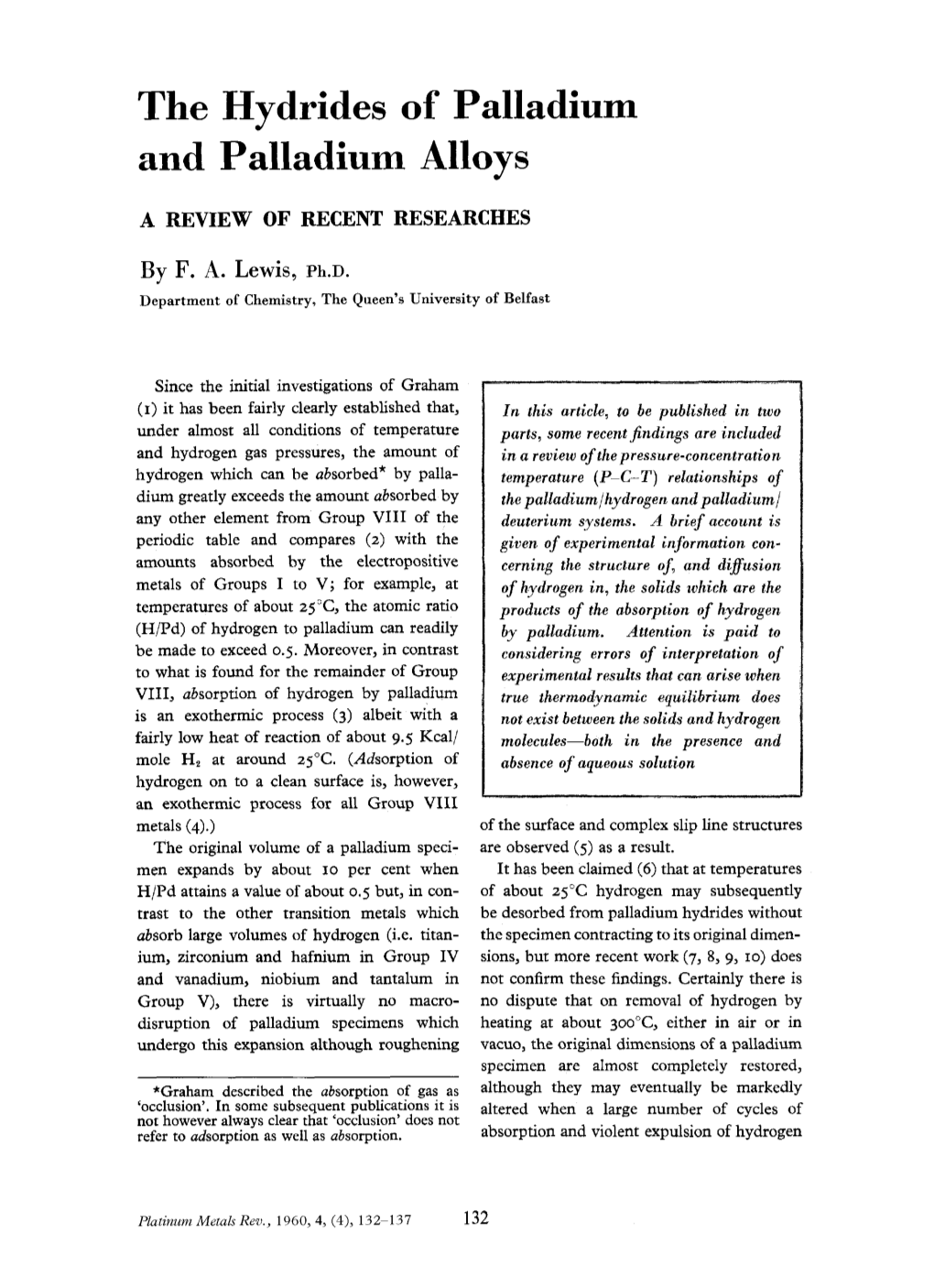 The Hydrides of Palladium and Palladium Alloys