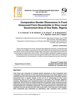 Comparative Gender Dimensions in Food Unsecured Farm Households in Orsu Local Government Area of Imo State, Nigeria