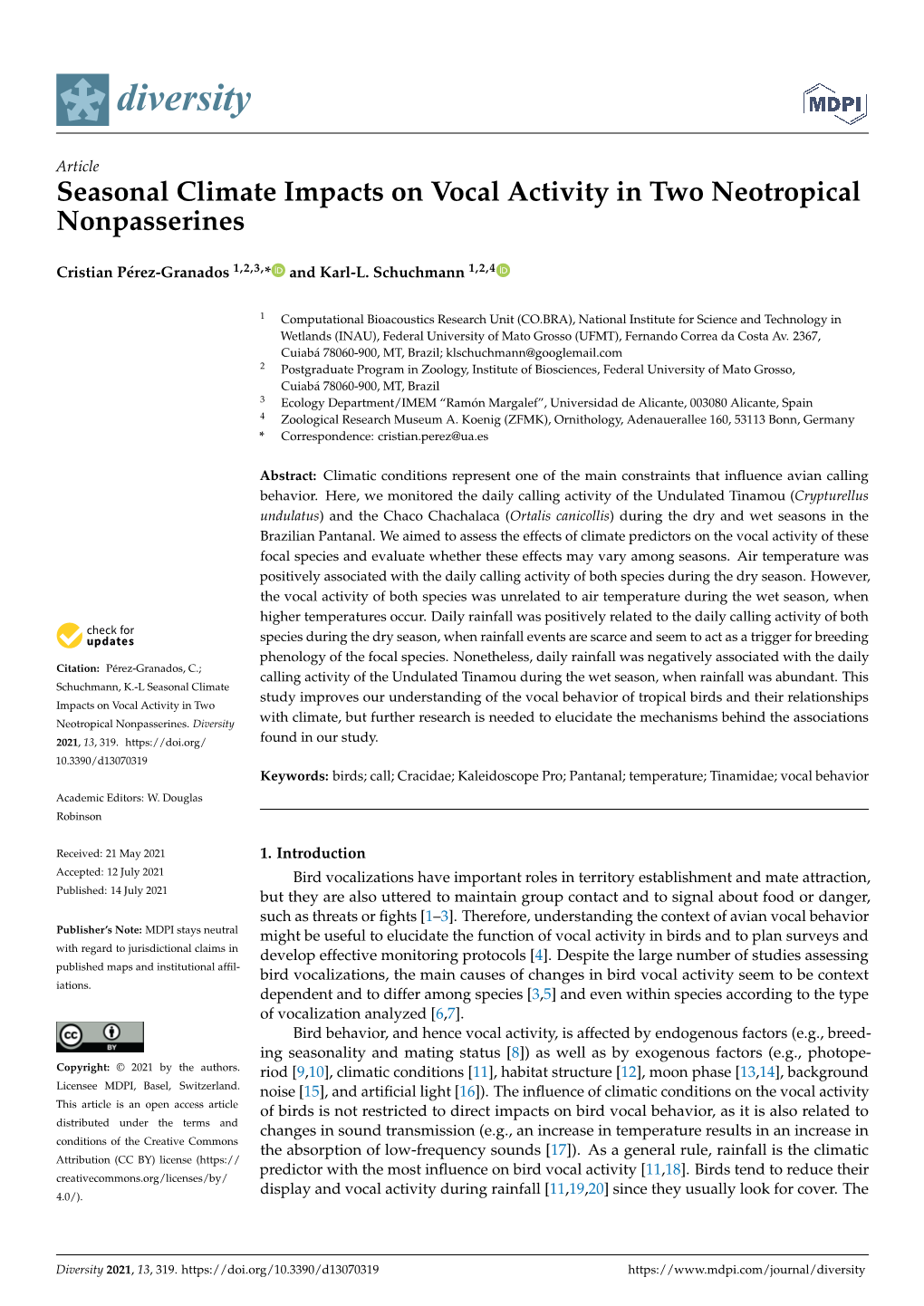 Seasonal Climate Impacts on Vocal Activity in Two Neotropical Nonpasserines