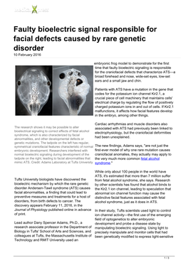 Faulty Bioelectric Signal Responsible for Facial Defects Caused by Rare Genetic Disorder 10 February 2016